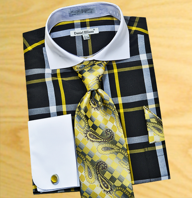 Daniel Ellissa Black / Yellow / White Windowpanes Shirt / Tie / Hanky Set With Free Cufflinks DS3771P2 - Click Image to Close